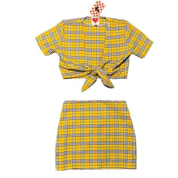 Omighty NWT Yellow Plaid Tie Front Crop Top Mini Skirt Set Size L - Picture 1 of 8